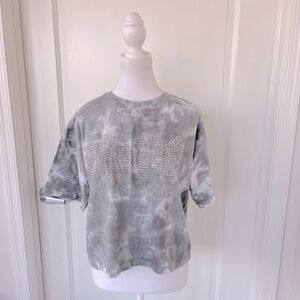 AC/DC Womens Tie Dye Gray Silver Studded Bling Band Tee Cropped T-shirt Size L